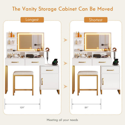 REVOMINCA Vanity Desk with Mirror and Lights, Modern Makeup Vanity with Charging Station, White & Gold Vanity Table with 3 Drawers & Cabinet, 3 Lighting Modes Brightness Adjustable, Bedroom - WoodArtSupply