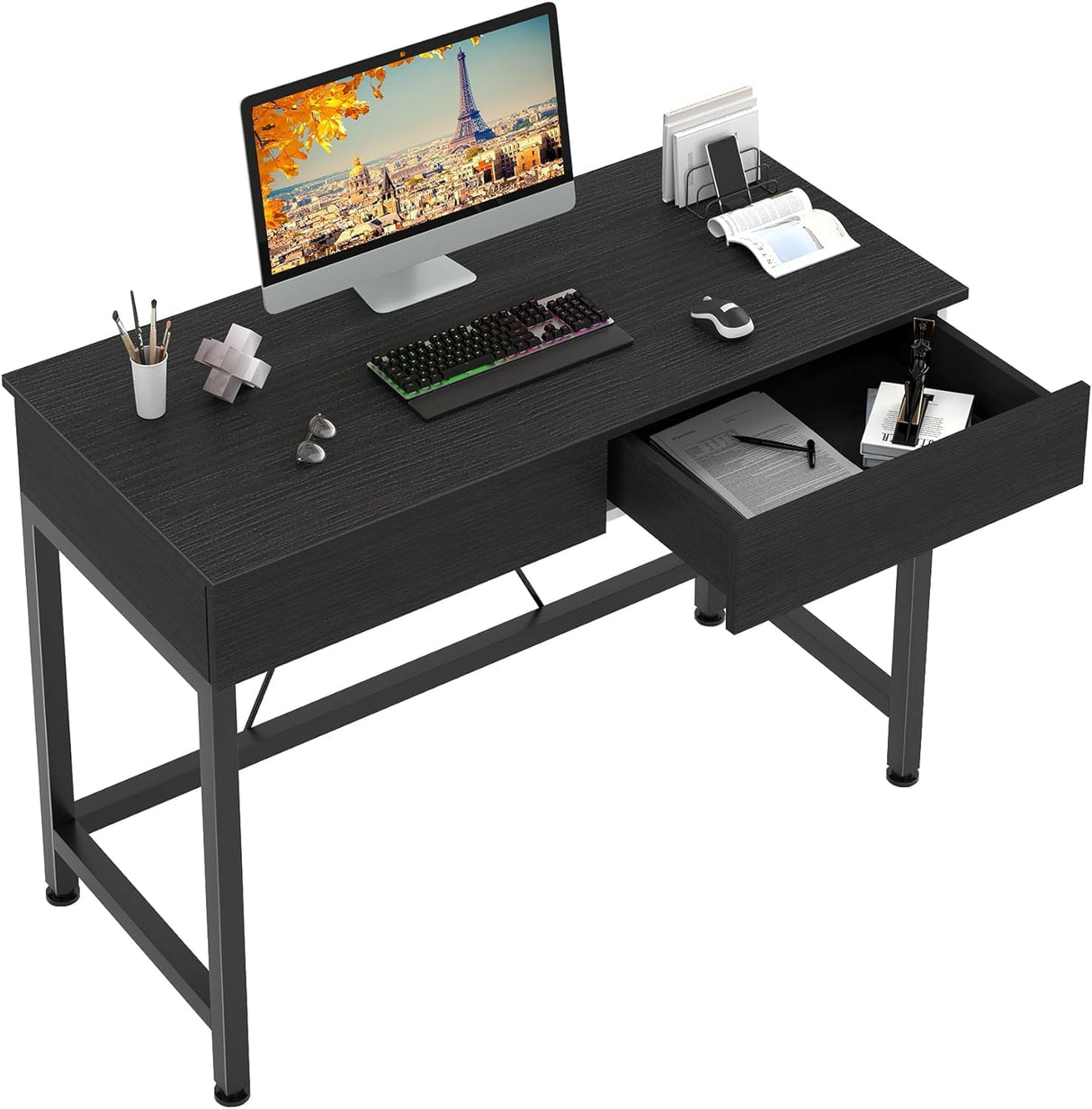 CAIYUN 40Inch Desk with 2 Wooden Drawers,Home Office Desks with Storage, Simple Modern Kids Desk, Vanity Desk for Bedroom, Work Study Writing Desk Table for Small Spaces (Black, Wooden) CAIYUN