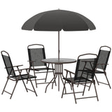 Outsunny 6 Piece Patio Dining Set for 4 with Umbrella, Outdoor Table and Chairs with 4 Folding Dining Chairs & Round Glass Table for Garden, Backyard and Poolside, Black Outsunny