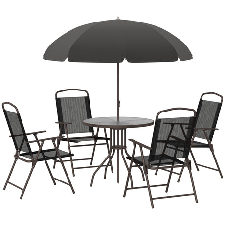 Outsunny 6 Piece Patio Dining Set for 4 with Umbrella, Outdoor Table and Chairs with 4 Folding Dining Chairs & Round Glass Table for Garden, Backyard and Poolside, Black Outsunny