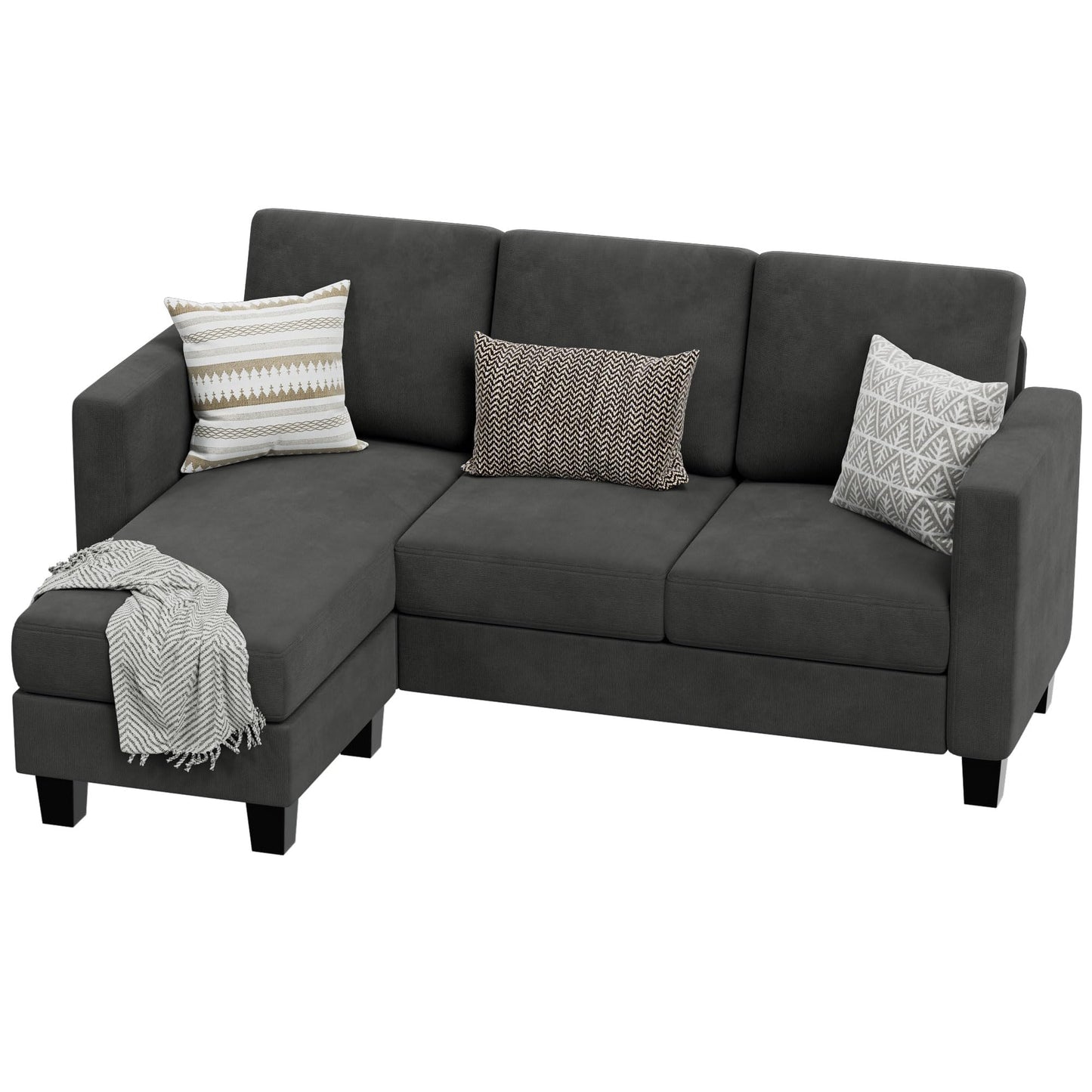 VICTONE Convertible Sectional Sofa Couch, 3 Seat L-Shaped Sofa with Linen Fabric Ottoman Small Couch for Small Apartments, Living Room and Office (Dark Gray)