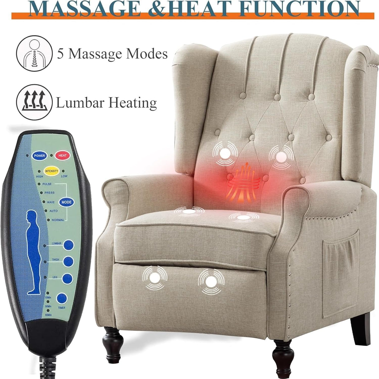 OQQOEE Wingback Recliner Chair Set of 2 with Massage and Heat, Push Back Accent Armchair with Adjustable Backrest, Nailhead Trim, Upholstered Fabric Chair for Living Room, Bedroom, Small Spaces(Beige) OQQOEE