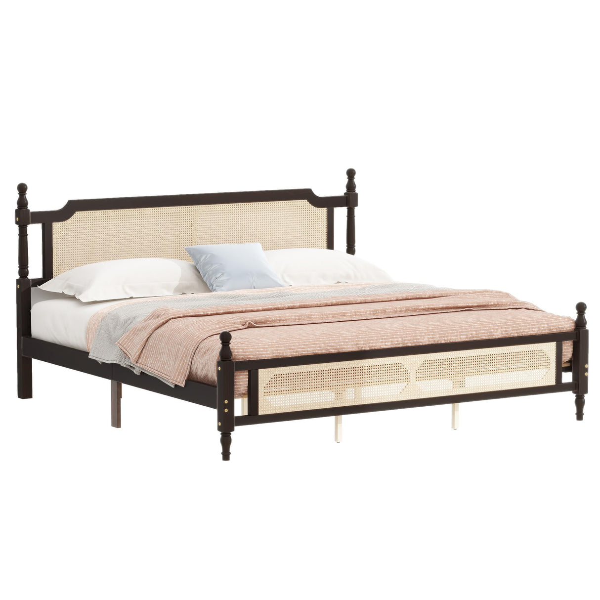DNChuan King Size Platform Bed with Retro Style Rattan Headboard and Footboard,4-Post Wood Bed Frame with Central Enhanced,No Box Spring Needed, Espresso DNChuan