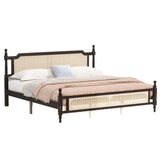 DNChuan King Size Platform Bed with Retro Style Rattan Headboard and Footboard,4-Post Wood Bed Frame with Central Enhanced,No Box Spring Needed, Espresso DNChuan