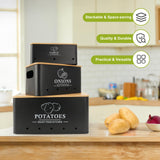 Dekosilave Kitchen Vegetable Storage Set of 3, Metal Onion Garlic Potato Storage Set, Kitchen Canisters Vegetable Keeper Containers with Aerating Holes and Wooden Lid (Black) Dekosilave
