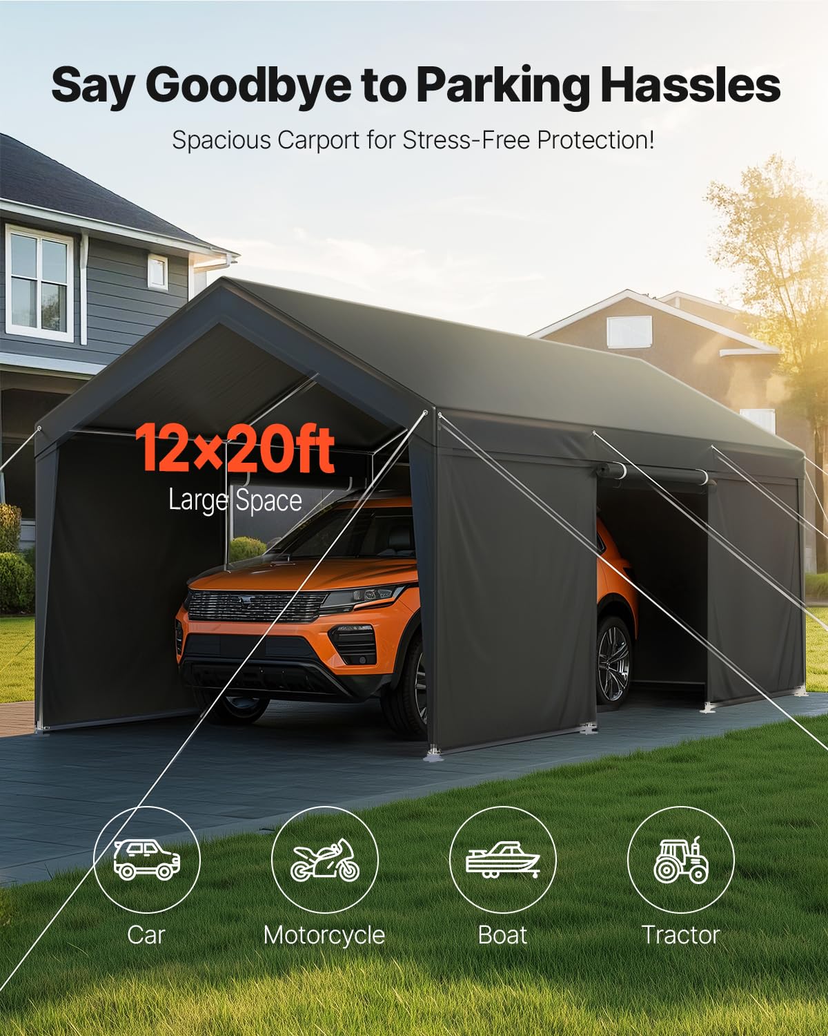 VEVOR 12x20 FT Heavy Duty Carport, Portable Car Canopy with Removable Sidewalls and Door, Outdoor Car Shelter, UV-Resistant, Water-Resistant, All-Season Car Shelter for Cars, Boats, and Equipment VEVOR