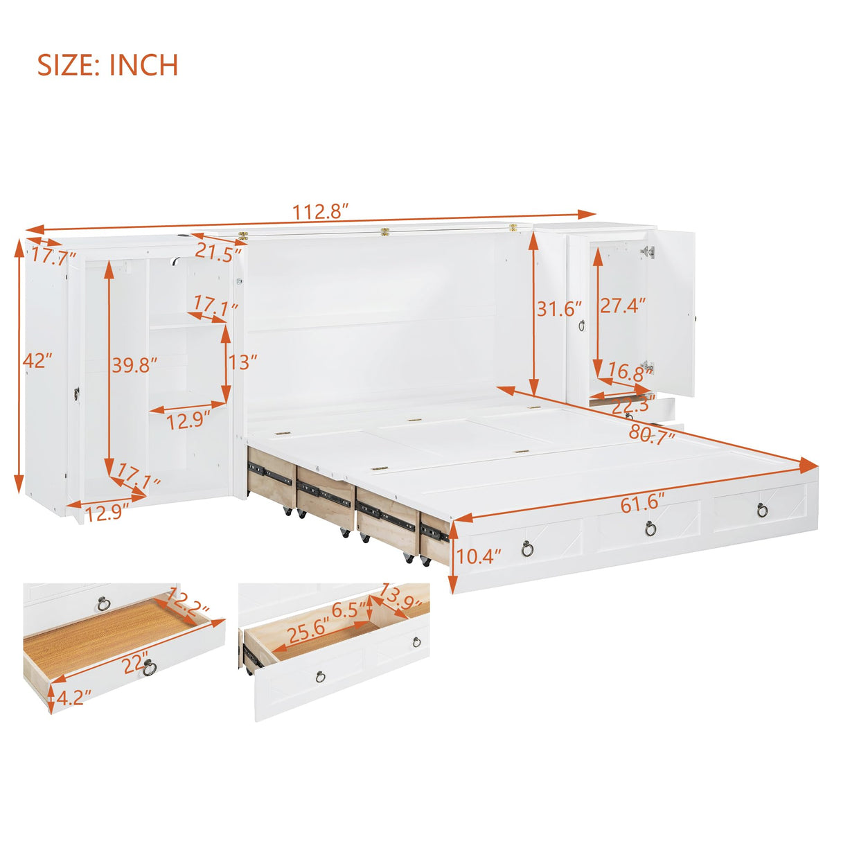 Queen Size Murphy Wall Bed, Solid Pine, USB Charging Station, Bookshelves, Storage Wardrobes - White Harper & Bright Designs