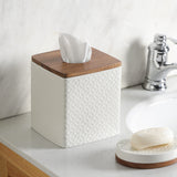 Motifeur Bathroom Accessories - Ceramic Tissue Holder with Wooden Lid, Decorative Square Tissue Cover Box (White and Beige) Motifeur