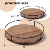 9" Acacia Wood Lazy Susan Turntable, Tomoaza Kitchen Organizer Turntable with Steel Sides, 360 Degree Turntable for Countertop Cabinet or Dining Table Tomoaza
