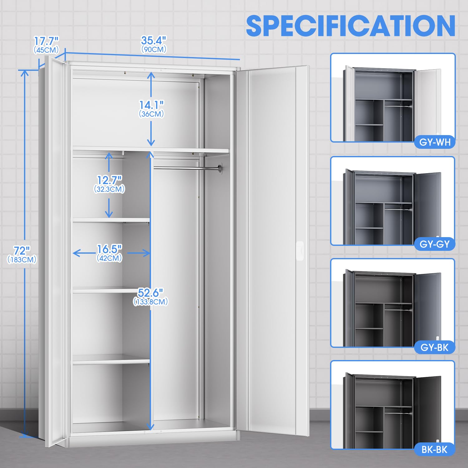 DNA MOTORING Metal Storage Cabinet, 72" Storage Wardrobe with Lock and Hanging Rod, Locking Cabinet Heavy Duty Utility Cabinet with 4 Shelves for Garage,Office,Home,Gym, White, TOOLS-00633-WH - WoodArtSupply