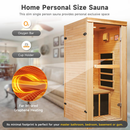 1 Person Sauna Room Easy to Install Far Infrared Sauna For Home Spa Carbon Heated Hemlock Wood With Glass Door Bluetooth Loudspeaker and Time Temperature LED Control Panel 110V980W 27.6*32.7*62.2 inch