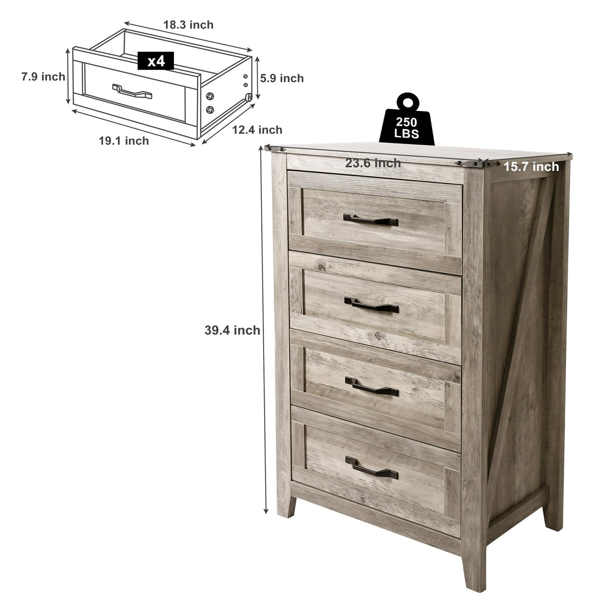 NEDYO Farmhouse 4 Drawer Dresser, Wood Rustic Tall Chest of Drawers, Wooden Dresser Storage Organizer Cabinet for Bedroom Living Room Hallway and Entryway. Light Rustic Oak NEDYO