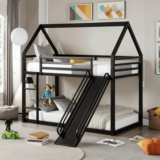 UOCFYK Full Over Full Bunk Bed with Slide for Kids, Metal Bunk Bed Frame with Roof Design and Full-Length Guardrail, Ladder, House Bed for Boys and Girls, No Box Spring Needed, Black