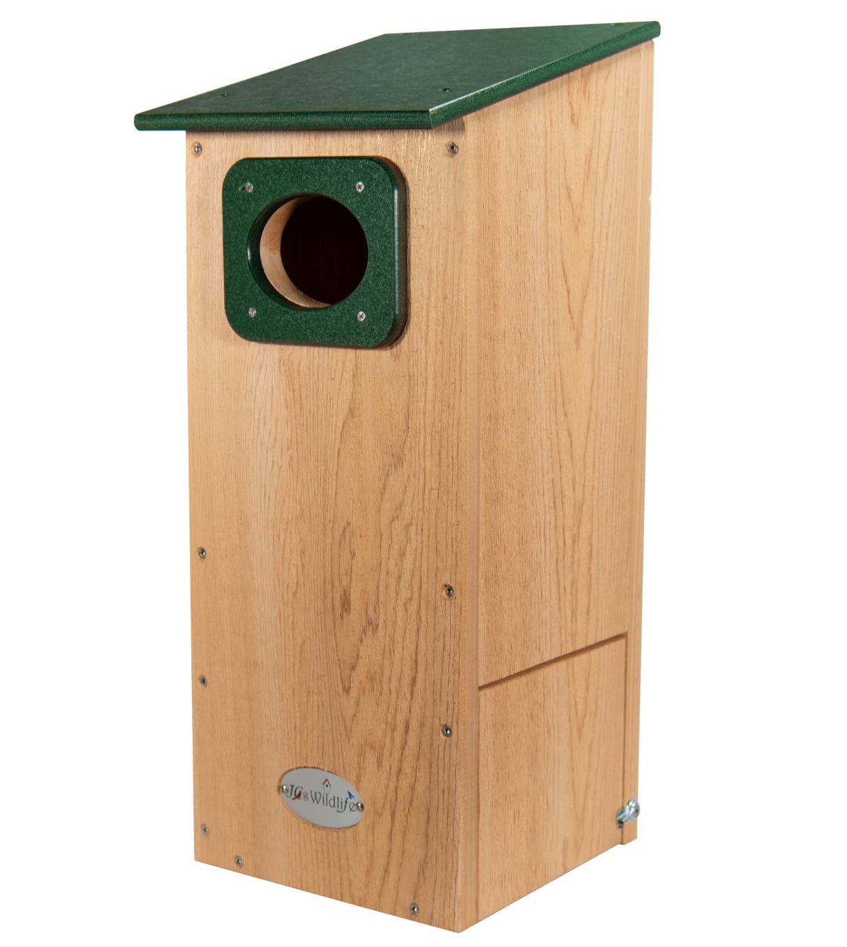 JCs Wildlife Cedar Wood Duck Nesting Box with Poly Lumber Roof - Mount in or at The Water's Edge to Attract Wood Ducks Nearby - Equipped with Clean Out Door and Drainage Holes (Green) JCs Wildlife