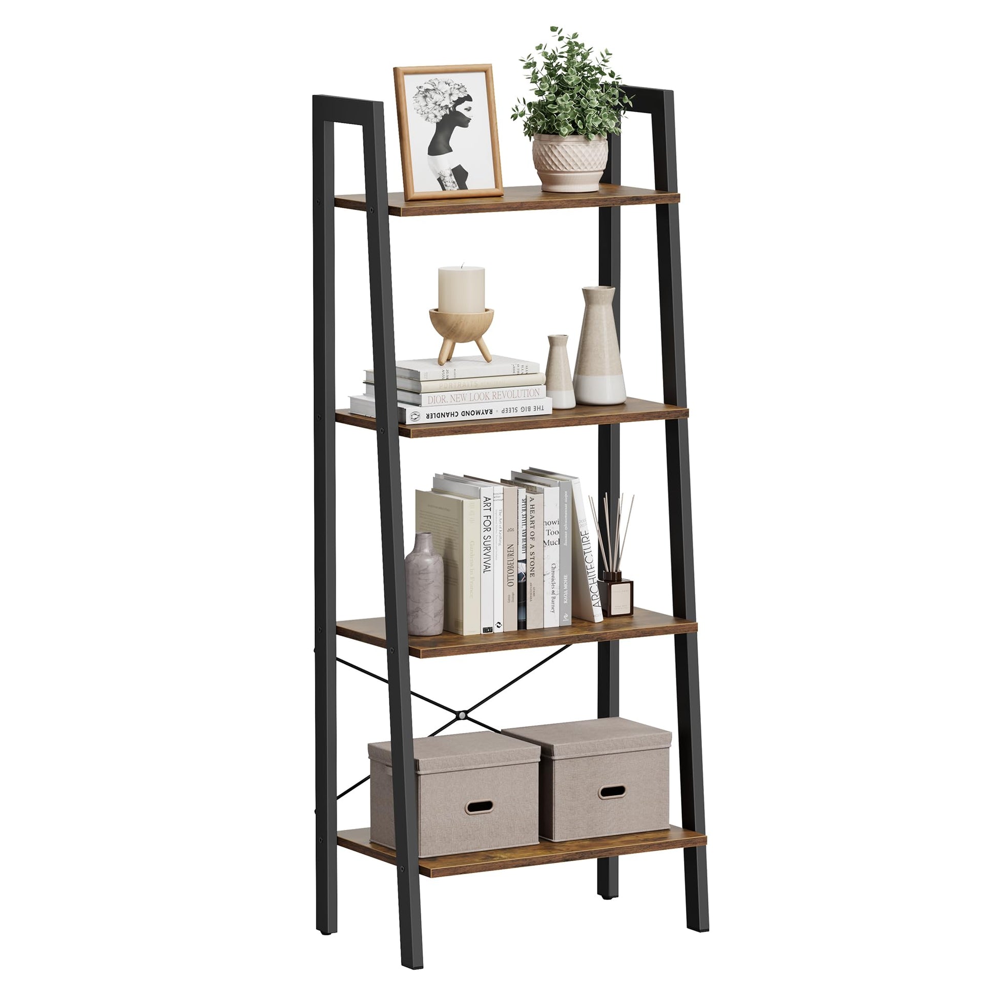 VASAGLE Ladder Shelf, 4-Tier Bookshelf, Storage Rack, Bookcase with Steel Frame, for Living Room, Home Office, Kitchen, Bedroom, Industrial Style, Rustic Brown and Black ULLS44X - WoodArtSupply