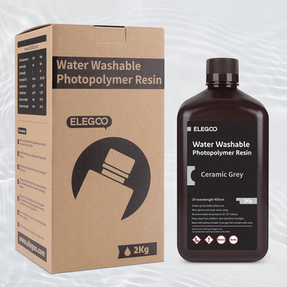 ELEGOO Water Washable 3D Printer Resin, 405nm Rapid UV Curing Standard Photopolymer Resin, Easy to Clean, High Precision 3D Water Wash Resin for LCD/MSLA/DLP 3D Printer Printing, Grey 2000g