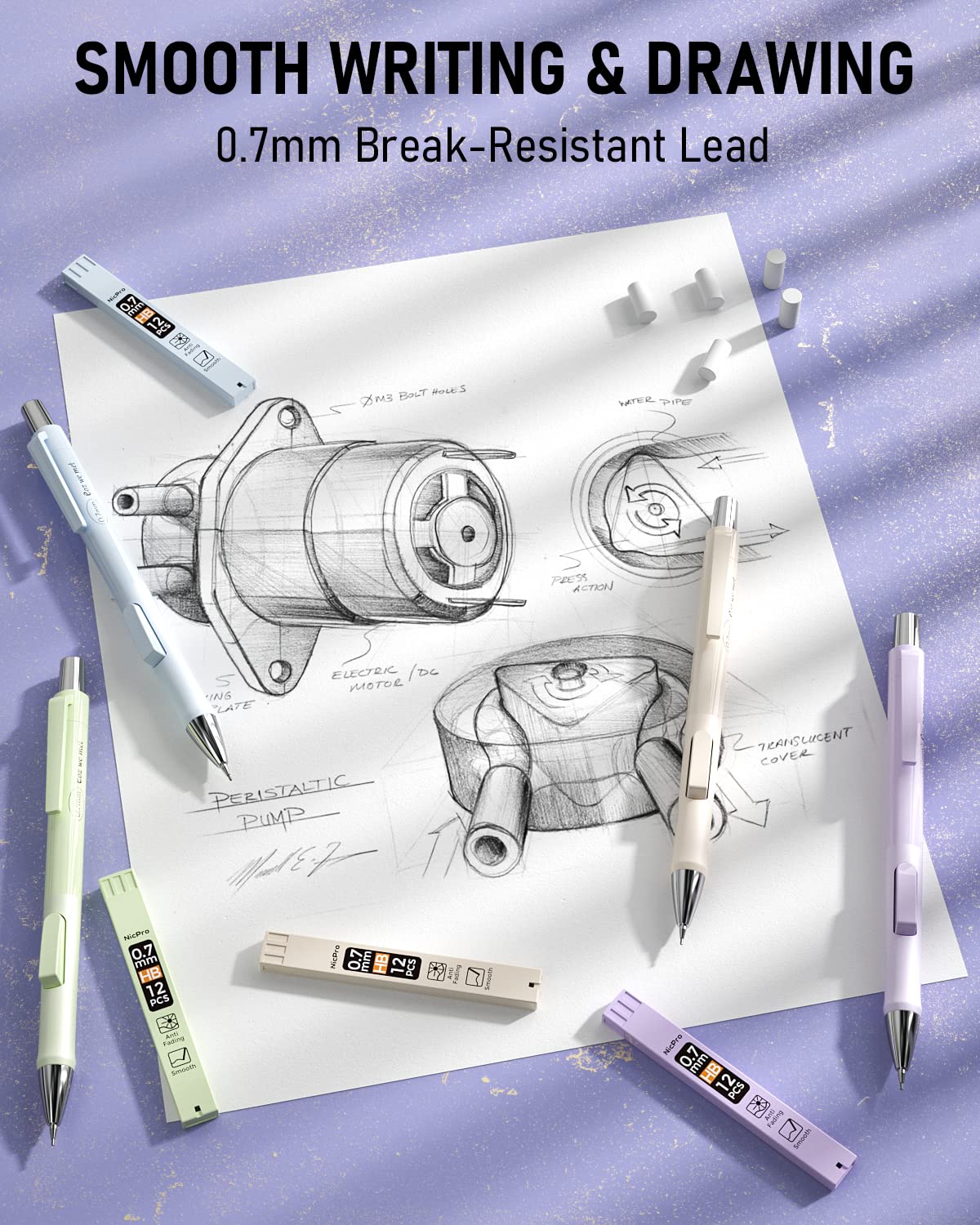 Nicpro 4 PCS Pastel Mechanical Pencil 0.7mm, Cute Fast Click Mechanical Pencils Set with 8 Tubes HB Lead Refills, Erasers, Eraser Refills for School, Student Writing, Drawing, Sketching - with Case Nicpro