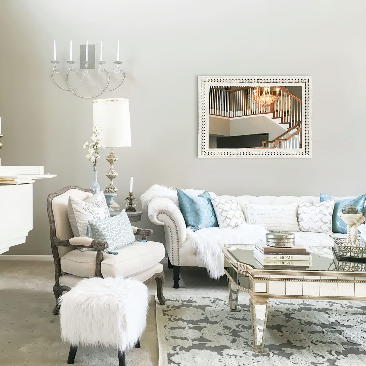 H HOMEWINS Rustic Rectangle Mirror, 22x30 Wooden Square Mirrors,Farmhouse Wall-Mounted White Beads Decor Mirror for Bedroom, Bathroom, Living Room,Vanity H HOMEWINS