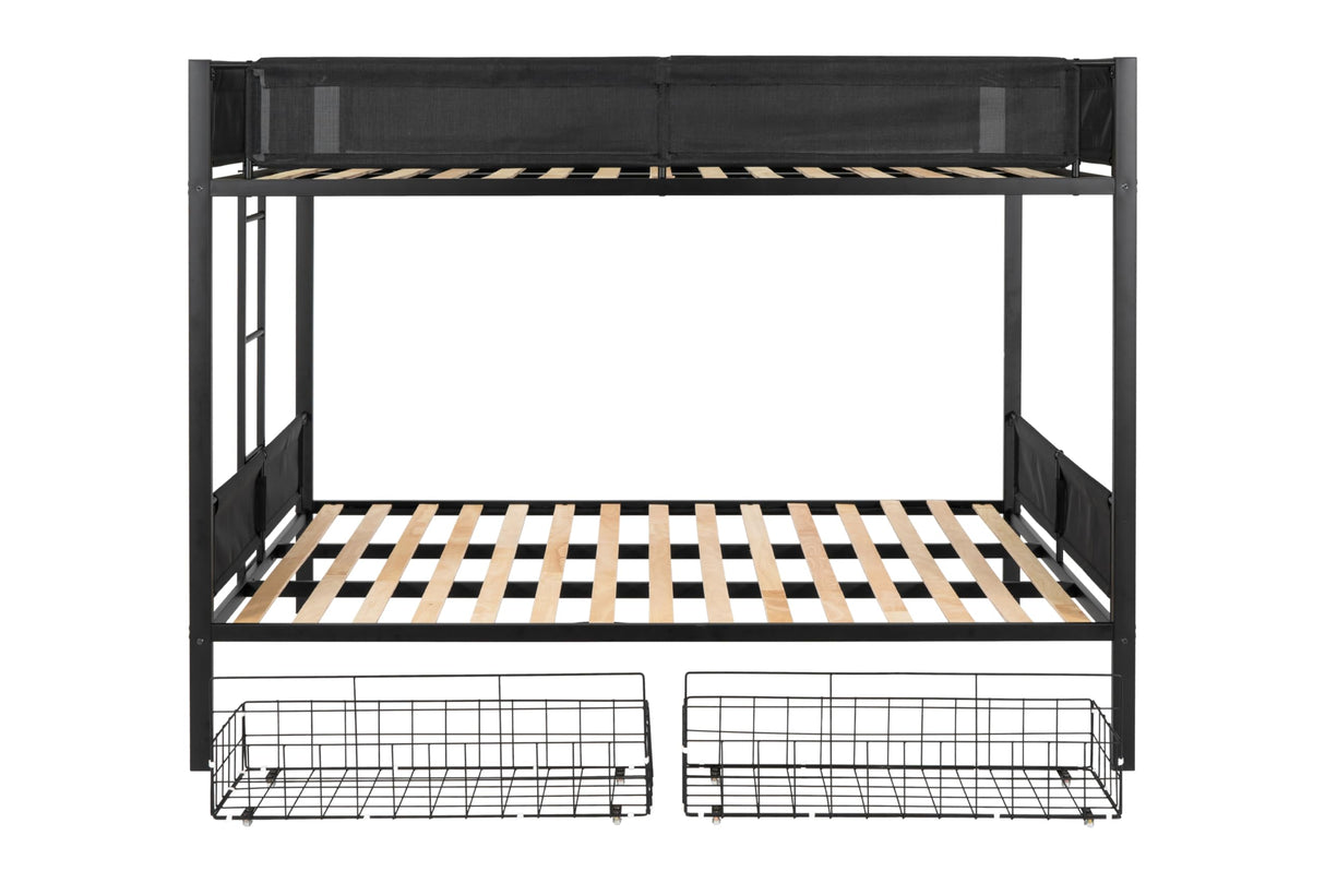 DNYN Queen Over Queen Metal Bunk Bed with Storage Drawers - Modern Space-Saving Design in Black DNYN