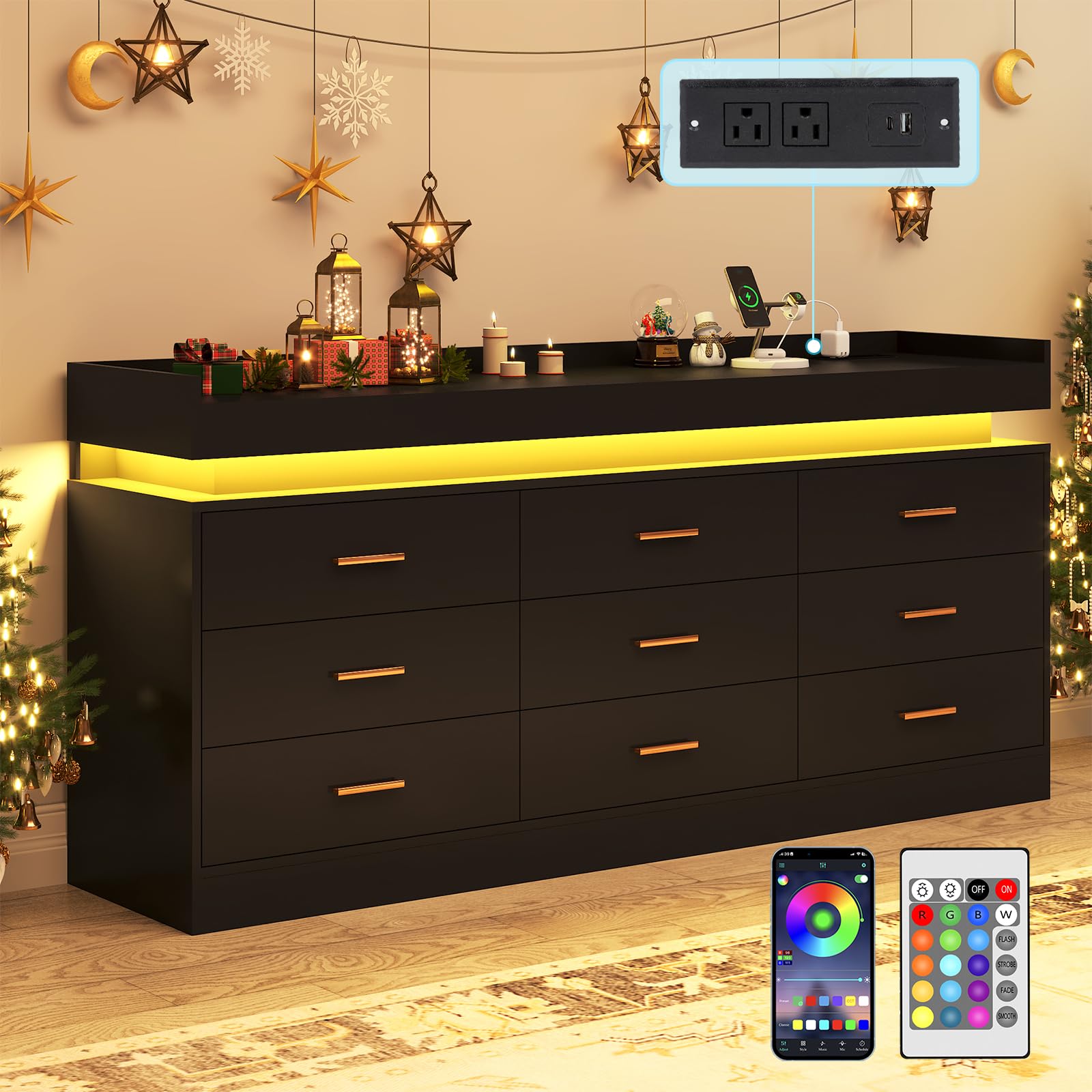 jiteentarou Drawer Dresser with Charging Station and LED Lights, Modern Chest of Drawers with Power Outlet, Organizer Cabinet for Bedroom, Living Room, Entryway(Black) - WoodArtSupply