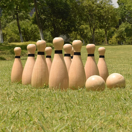 NI-ROU Outdoor Giant Lawn Bowling Games Wooden lawn Set Fun Sports Games Outside or Indoor for Family Adults and Kids Backyard Skittles Carrying Bag with 10 Pins and 2 Balls NI-ROU