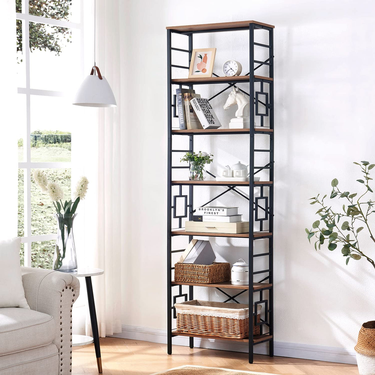 HOMISSUE Industrial 7-Tier Tall Bookshelf in Rustic Brown with Unique Design HOMISSUE