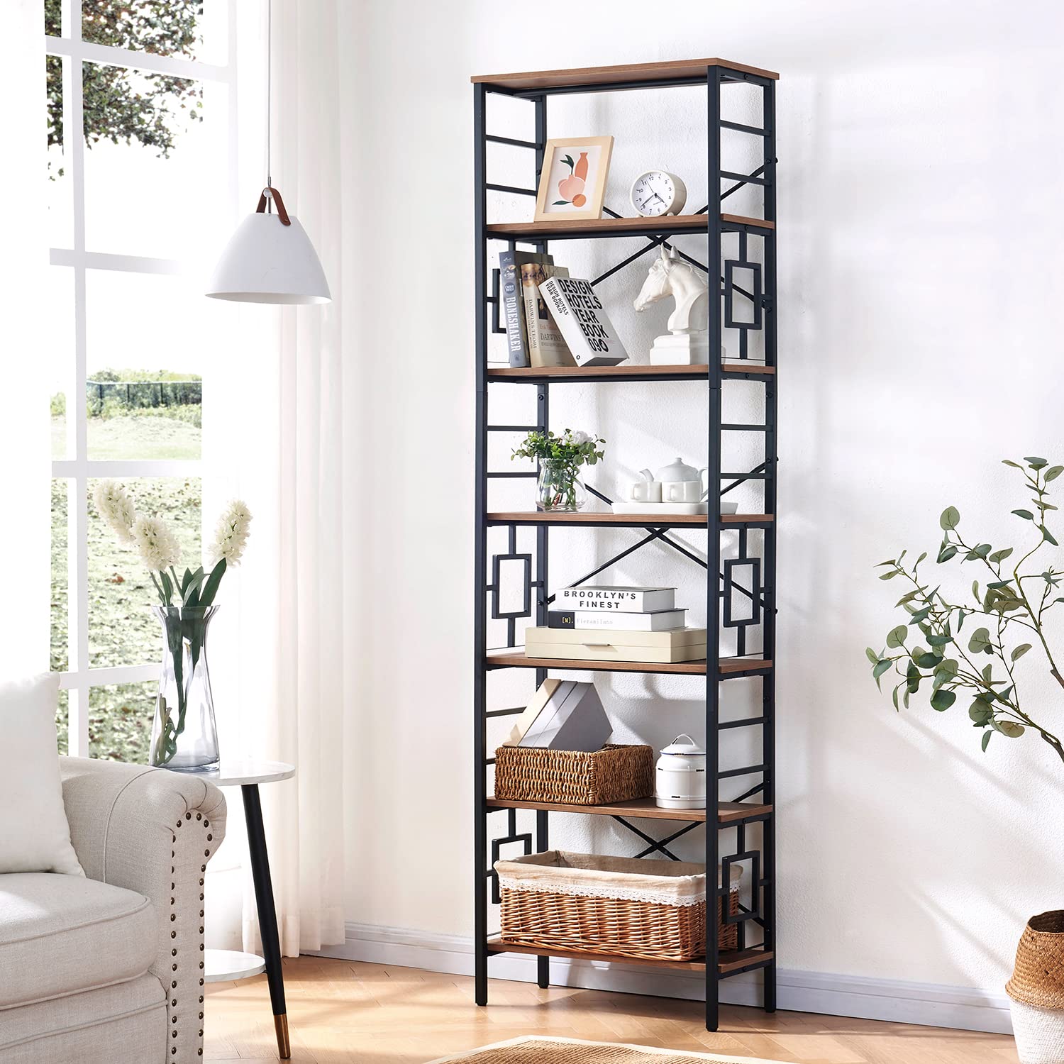 HOMISSUE Industrial 7-Tier Tall Bookshelf in Rustic Brown with Unique Design - WoodArtSupply