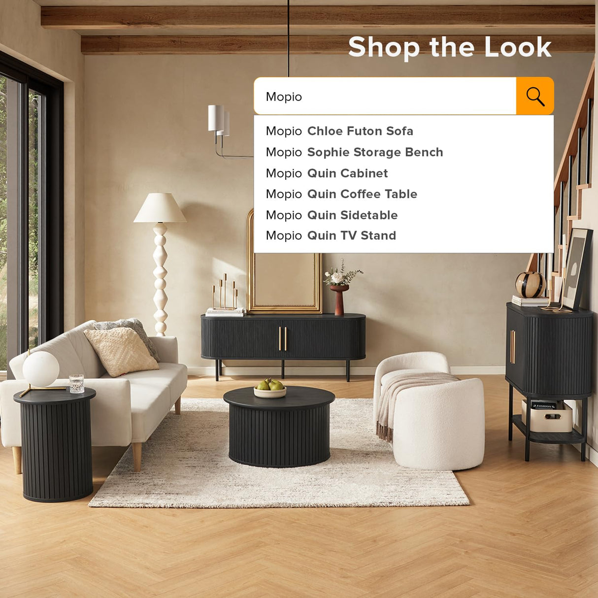 mopio Quin Round Fluted Coffee Table, Tambour Circle Living Room Table, Mid Century Modern Wood Coffee Table with Storage, Drum Center Table with Removable Lid, Accent Tea Table (Black) mopio