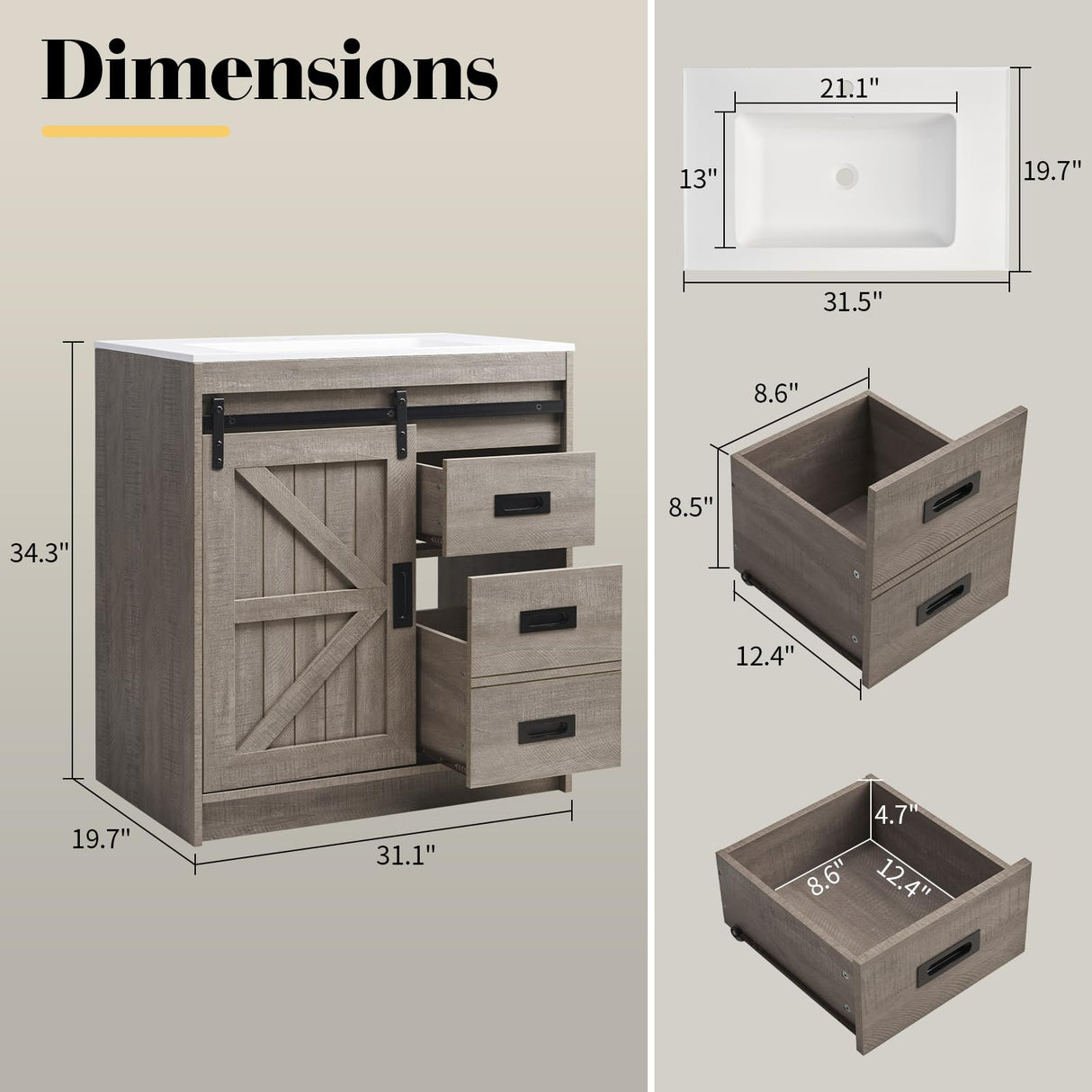 LUXOAK 31" Farmhouse Sliding Barn Door Bathroom Vanity with Sink Combo, Bathroom Vanity Cabinet with Drawers & Metal Handles, Freestanding, Gray LUXOAK