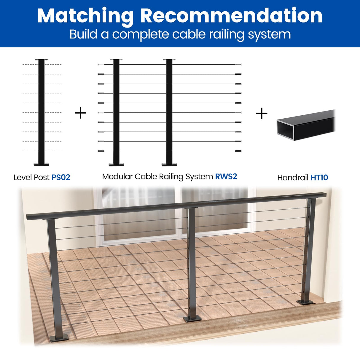 Muzata Black Cable Railing Post 36 Inch 36"x2"x2" Level Drilled Surface Mount T304 Stainless Steel Cable Railing System Kit Indoor Outdoor with Paper User Guide PS02 BH4S Muzata