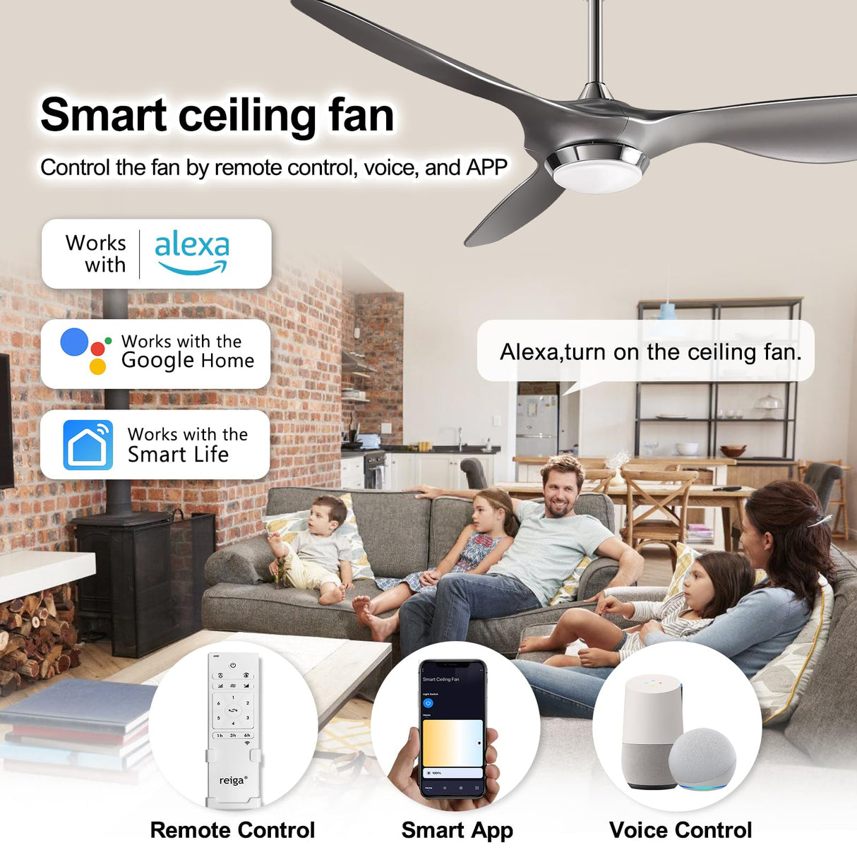 reiga 52 Inch Modern Smart WiFi Ceiling Fan with Light and Remote Control, Living Room Bedroom Patio 3 Blade Ceiling Fans with Reversible Mute DC Motor, Silver reiga