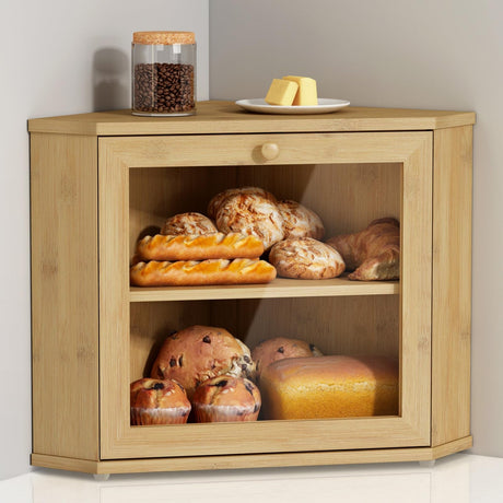 Goozii Bamboo Corner Bread Box for Kitchen Counter, 2 Tier Bread Keeper Wooden Round, Farmhouse Bread Storage Bin for Kitchen Countertop, Counter Organizer for Bread, Cup, Fruit, Spice, Snack Goozii