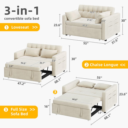 DWVO 55" Convetible Sofa Bed, Cat-Scratch-Proof Fabric Sleeper Sofa with Pull-Out Bed, 3-in-1 Futon Couch with Adjustable Backrest and Side Pocket, Modern Loveseat for Living Room, Beige, Full Size