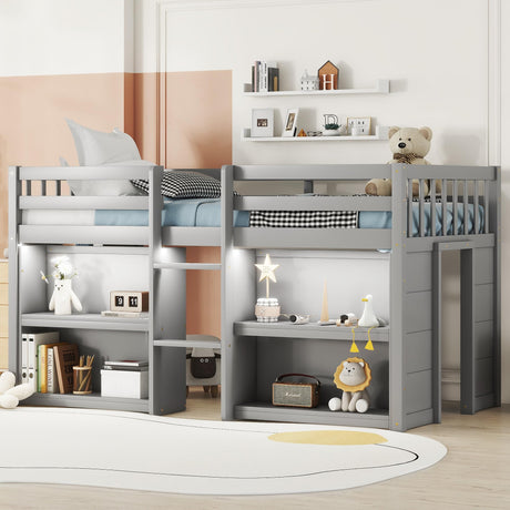 Luckiofvonne Grey Twin Size Low Loft Bed with Storage Shelves and LED Light Luckiofvonne