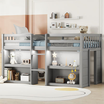 Luckiofvonne Grey Twin Size Low Loft Bed with Storage Shelves and LED Light