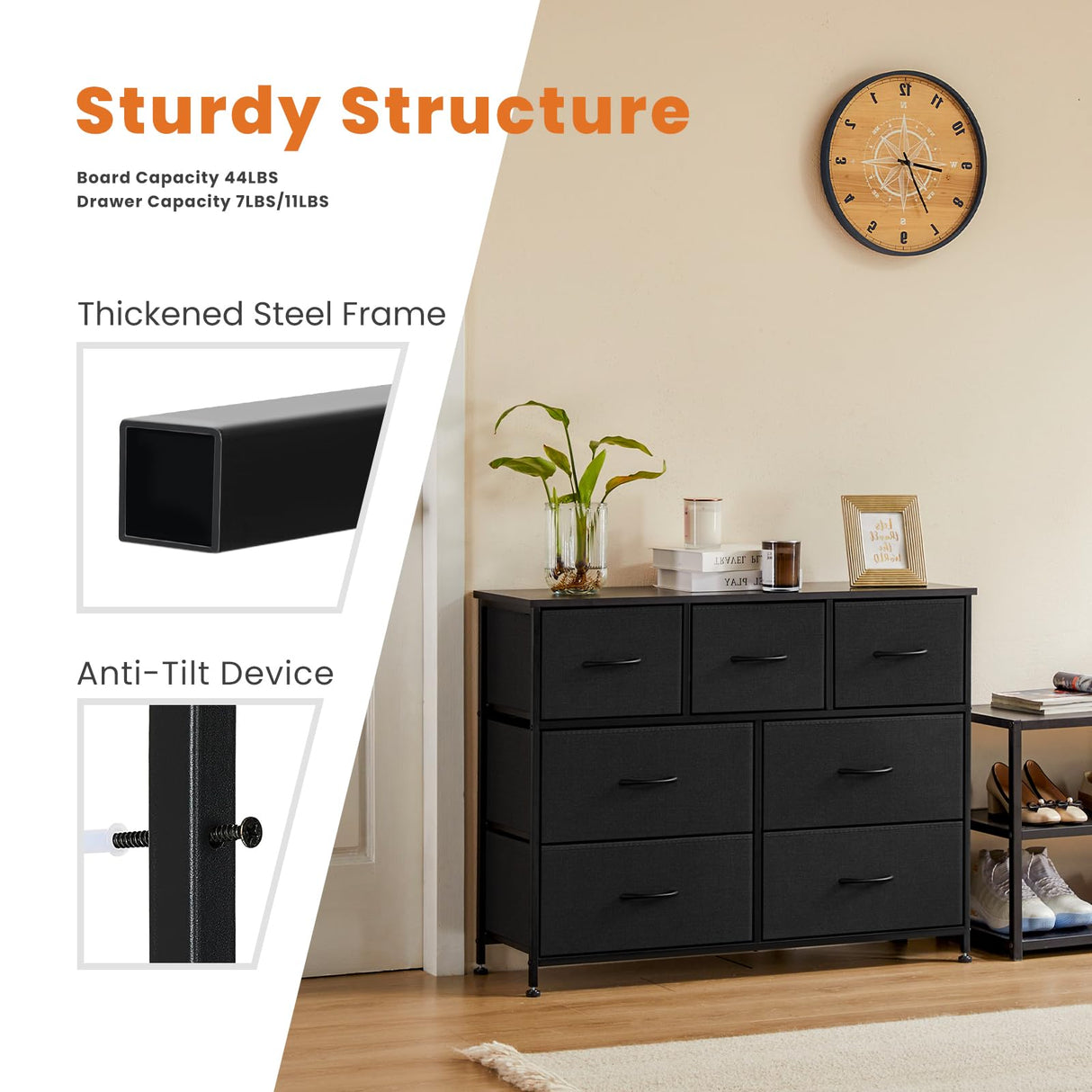 Sweetcrispy Dresser, Dresser for Bedroom, Storage Drawers, TV Stand Fabric Storage Tower with 7 Drawers, Chest of Drawers with Fabric Bins, Wooden Top for TV up to 45 inch, for Kid Room, Closet Sweetcrispy