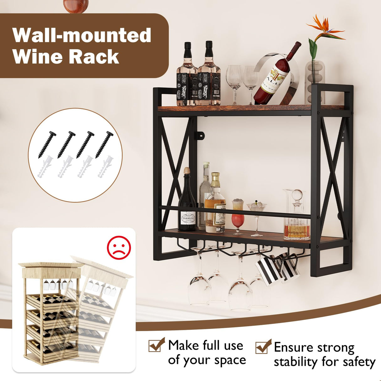 Giantex Industrial Wall Mounted Wine Rack, 2-Tier Metal Hanging Wine Bottle Glass Rack with 14-Bottle & 12-Mug Holders, Wall Wine Floating Shelves for Home Bar, Kitchen, Dining Room, Rustic Brown Giantex