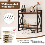 Giantex Industrial Wall Mounted Wine Rack, 2-Tier Metal Hanging Wine Bottle Glass Rack with 14-Bottle & 12-Mug Holders, Wall Wine Floating Shelves for Home Bar, Kitchen, Dining Room, Rustic Brown Giantex
