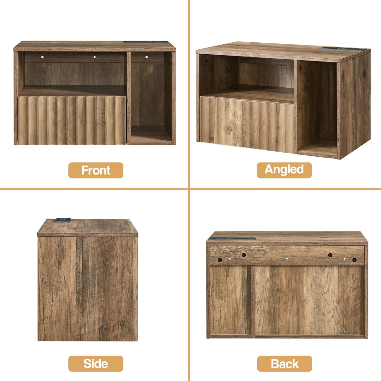 BuildHom Floating Nightstand with Charging Station - Modern Rustic Brown Fluted Bedside Table with Drawer, USB Ports & Outlets (Set of 2) BuildHom