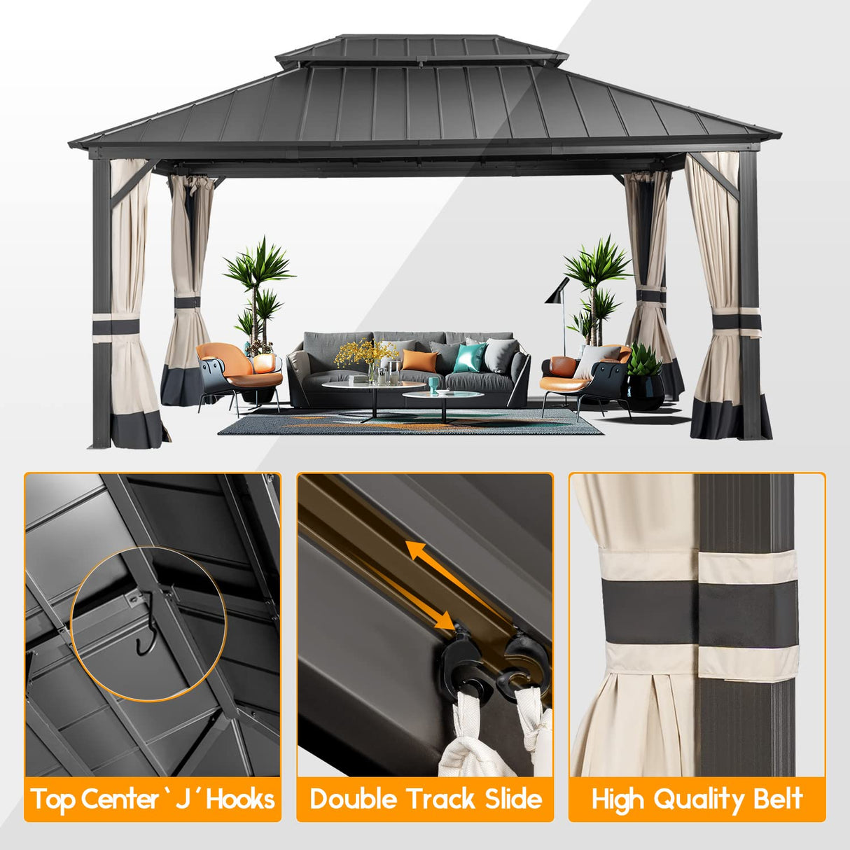 Warmally 12' x 16' Hardtop Gazebo, Outdoor Permanent Gazebo with Galvanized Steel Double Roof Canopy, Aluminum Frame Pavilion with Netting and Curtains for Patio, Deck, Backyard, Lawn and Gardens Warmally