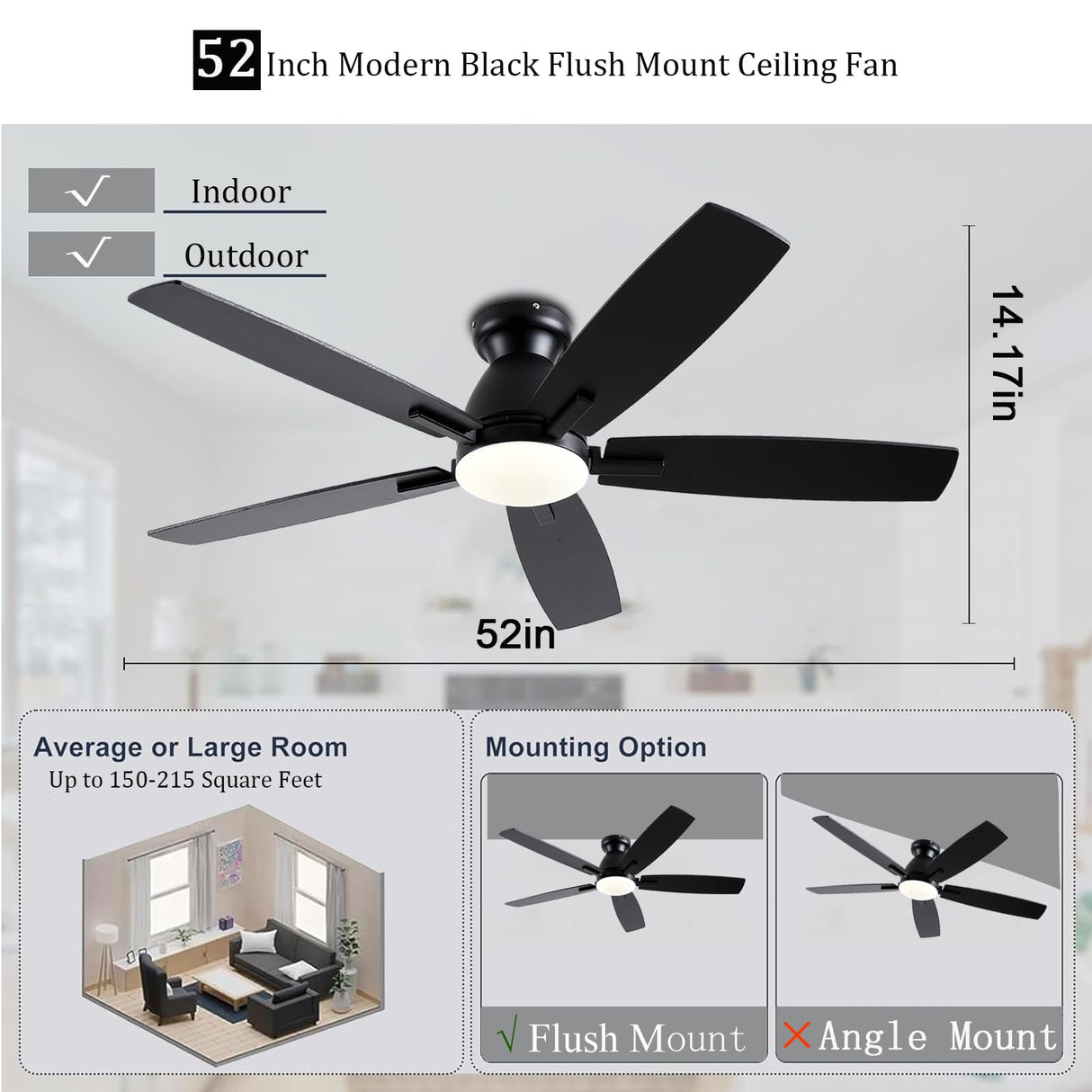 NKPU Ceiling Fans with Lights, 52 Inch Low Profile Ceiling Fan with Light and Remote Control, Flush Mount, DC Reversible Motor, Dimmable LED Black Ceiling Fans for Bedroom,Indoor/Outdoor Patio Use NKPU