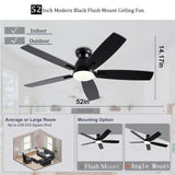 NKPU Ceiling Fans with Lights, 52 Inch Low Profile Ceiling Fan with Light and Remote Control, Flush Mount, DC Reversible Motor, Dimmable LED Black Ceiling Fans for Bedroom,Indoor/Outdoor Patio Use NKPU