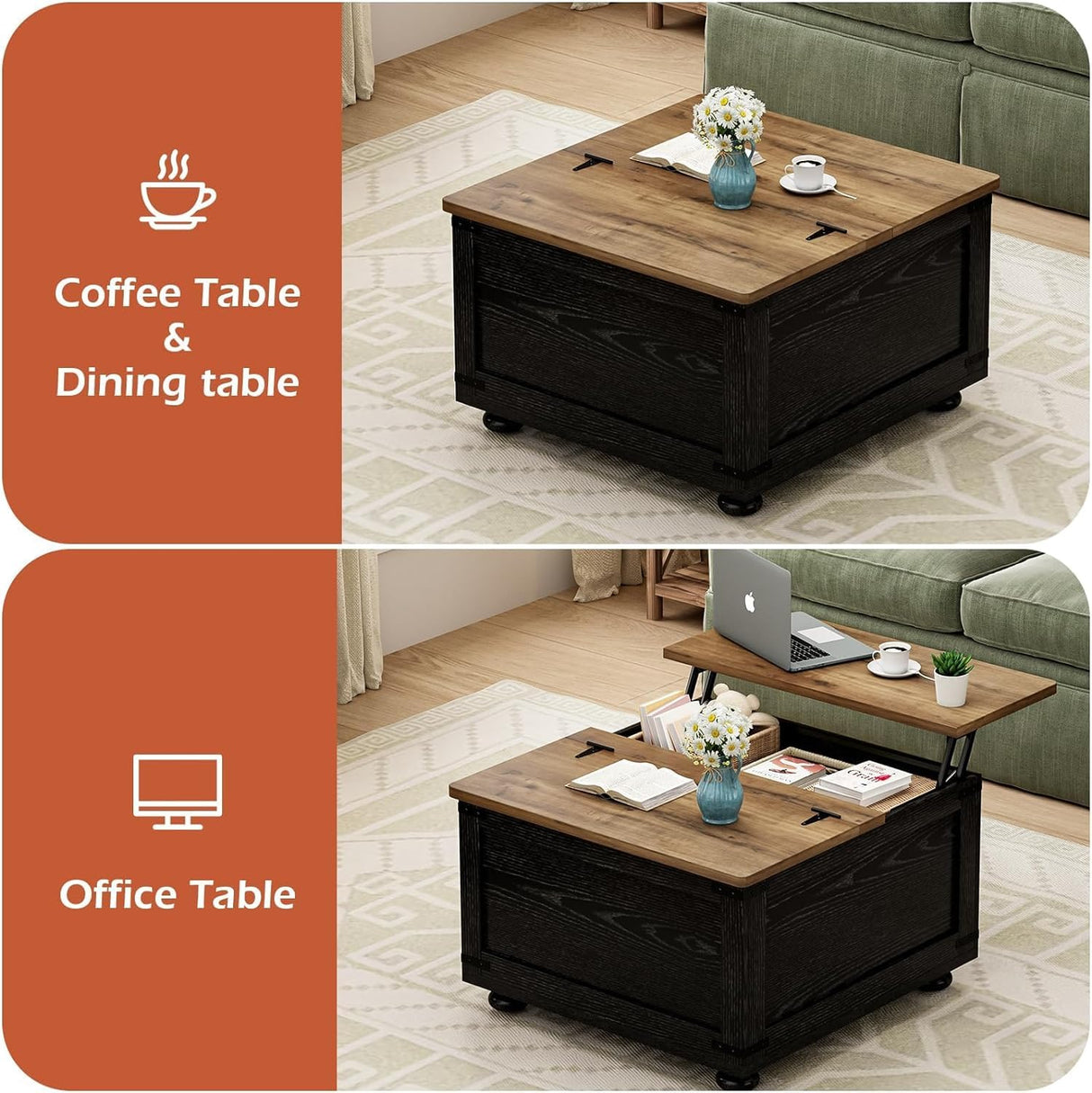 Farmhouse Lift Top Coffee Table with Storage, Black Lift Top Coffee Table with Hydraulic Gas Rod, Large Lift Square Top Coffee Table with Wood Gourd Feet, Coffee Table with for Living Room MaverickFurni