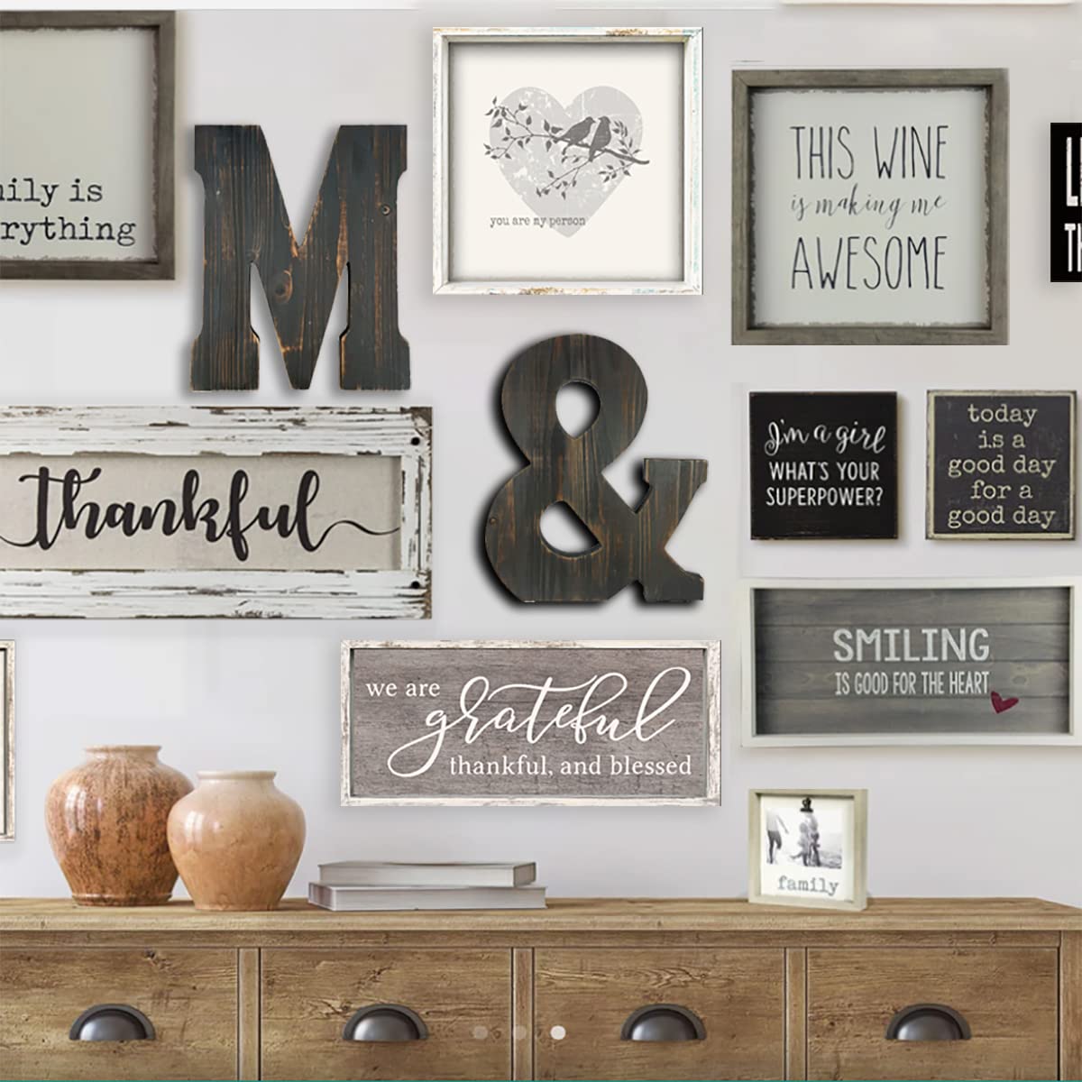 Big Letter Wall Art for Living Room, Bathroom, Bedroom, and Home Decor, Rustic Farmhouse Lettering for Family Last Names, Large Decorative Wood, 14” x 10” (Big M)