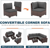 VONZOY Patio Furniture Set, 6 Pieces Outdoor Sectional Sofa Conversation Sets, Brown PE Rattan Wicker Seating Set, 4'' Thickened Cushions & 1 Glass Coffee Table for Backyard Poolside, Grey VONZOY