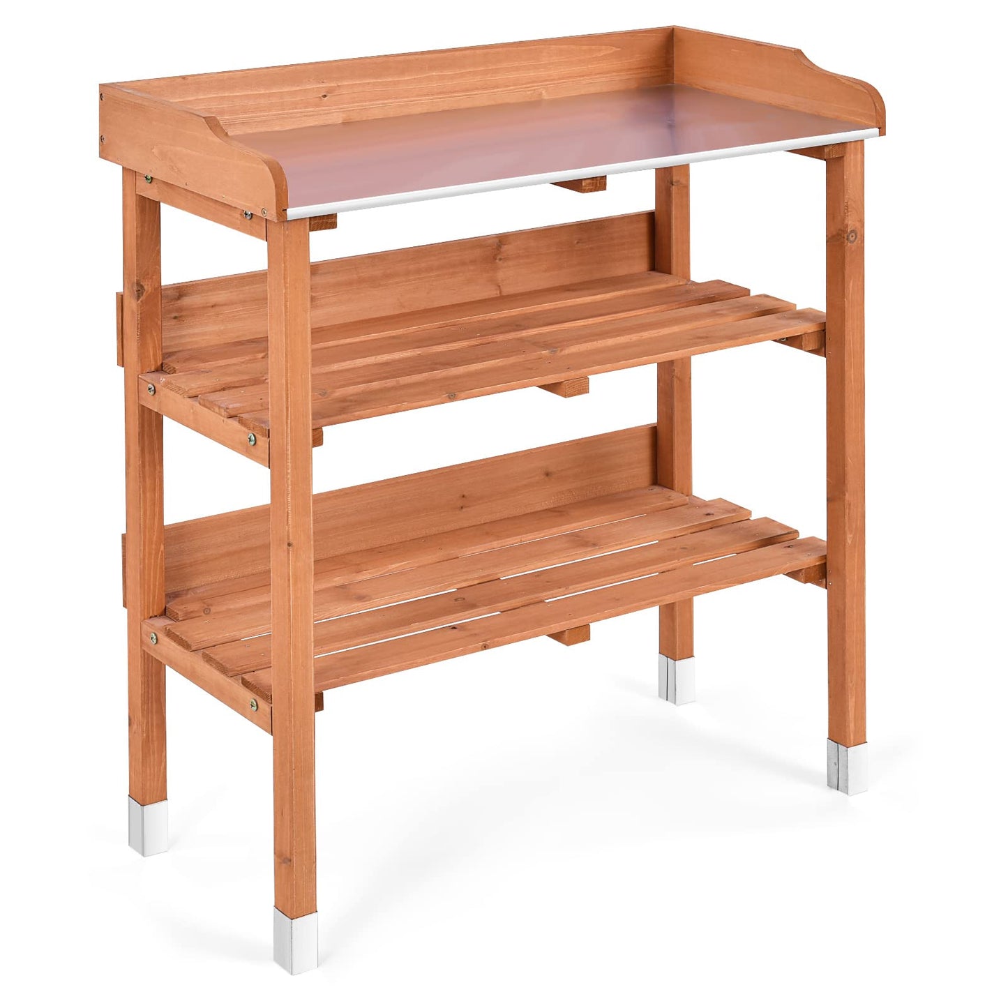 OFFICEJOY Outdoor Potting Bench, 3 Tier Wooden Garden Workstation Table w/Iron Tabletop, 2 Wood Shelf, 5 Hooks, Multifuction Work Station Table Rack for Garden, Backyard, Kitchen, Garage (Dee - WoodArtSupply