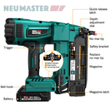 NEU MASTER Upgraded Brad Nailer, 18 Gauge Nail Gun Battery Powered with Brushless Motor, 20V Max Cordless Nail Gun, Adjustable Depth, Ideal for Roofing, Sheathing, Framing, Woodworking NEU MASTER