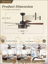 Farmhouse Ceiling Fans with Light, 48 Inch Bedroom Ceiling Fan with Lights, 6-Speed Adjustable, Quiet and Reversible DC Motor, Dual Finish 5 Blades, Rustic Caged Ceiling Fan for Living Room Fanbulous