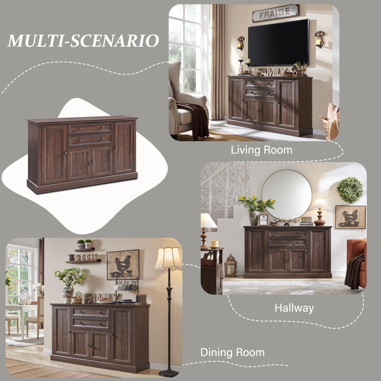 IFGET Farmhouse Sideboard Buffet Cabinet with Storage, 58'' Large Coffee Bar Stroage Cabinet with 2 Drawers and 4 Doors, Wood Rustic Accent Cabinet for Dinning Room, Hallway, and Living Room, Brown IFGET