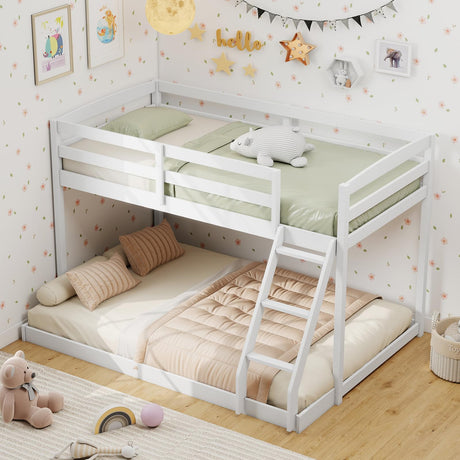 KOMFOTT Low Bunk Bed Twin Over Full, Solid Wood Twin Bed Frame with Built-in Ladder & Safety Guardrails, Space-Saving Low Bunk Bed for Kids, Teens, No Box Spring Needed KOMFOTT